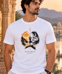Balance Within Yoga T-Shirt worn by a male model – AkhandNation Nirmal Net tee