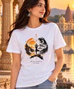 Balance Within Yoga T-Shirt worn by a female model – AkhandNation Nirmal Net tee