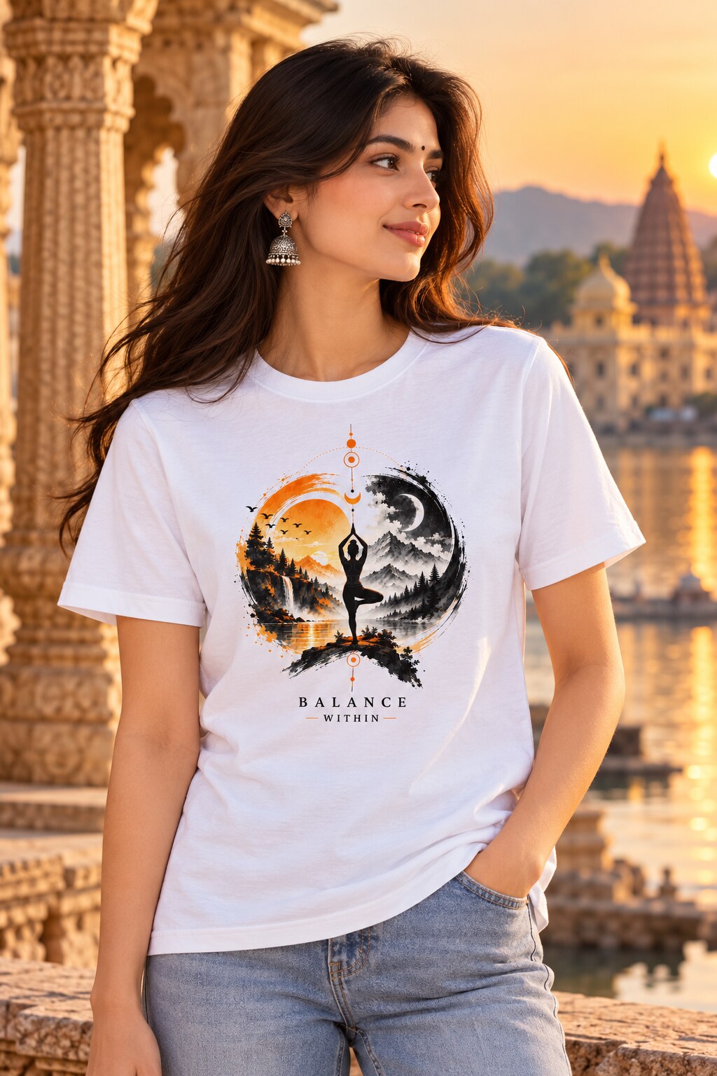 Balance Within Yoga T-Shirt worn by a female model – AkhandNation Nirmal Net tee