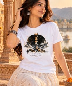 Chandra Kala T-Shirt worn by a female model – AkhandNation Nirmal Net tee