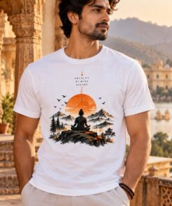 Dhyana Breathe Be Here Belong T-Shirt worn by a male model – AkhandNation Nirmal Net tee
