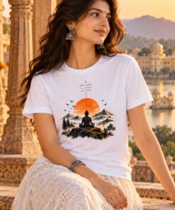 Dhyana Breathe Be Here Belong T-Shirt worn by a female model – AkhandNation Nirmal Net tee