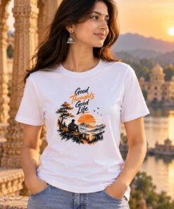 Good Thoughts Good Life T-Shirt worn by a female model – AkhandNation Nirmal Net tee
