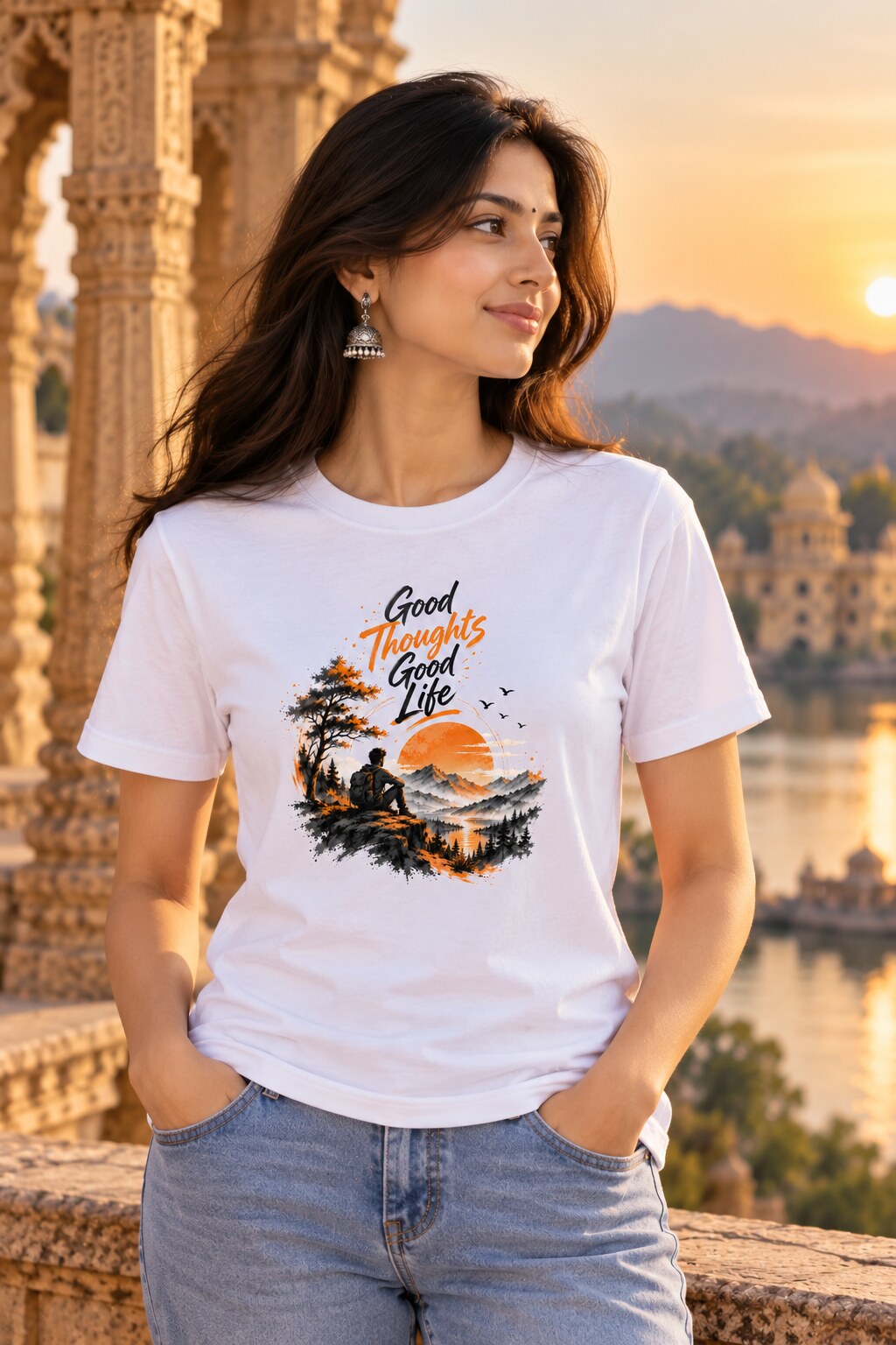 Good Thoughts Good Life T-Shirt worn by a female model – AkhandNation Nirmal Net tee