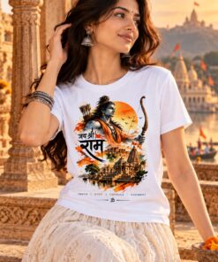 Jai Shri Ram T-Shirt worn by a female model – AkhandNation Nirmal Net tee