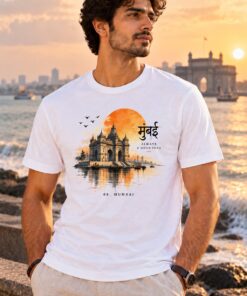 Mumbai Gateway T-Shirt worn by a male model – AkhandNation Nirmal Net tee