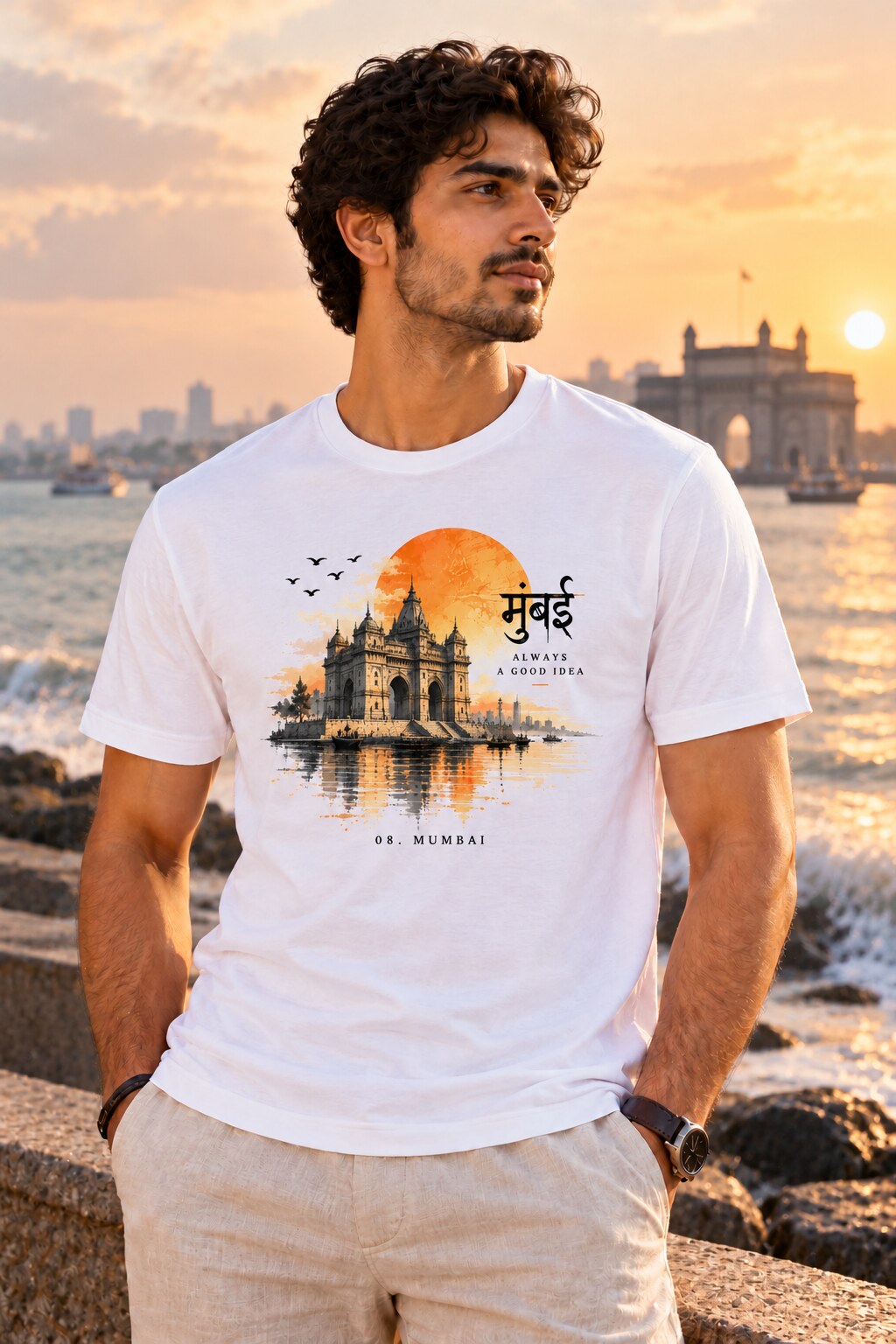 Mumbai Gateway T-Shirt worn by a male model – AkhandNation Nirmal Net tee