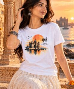 Mumbai Gateway T-Shirt worn by a female model – AkhandNation Nirmal Net tee