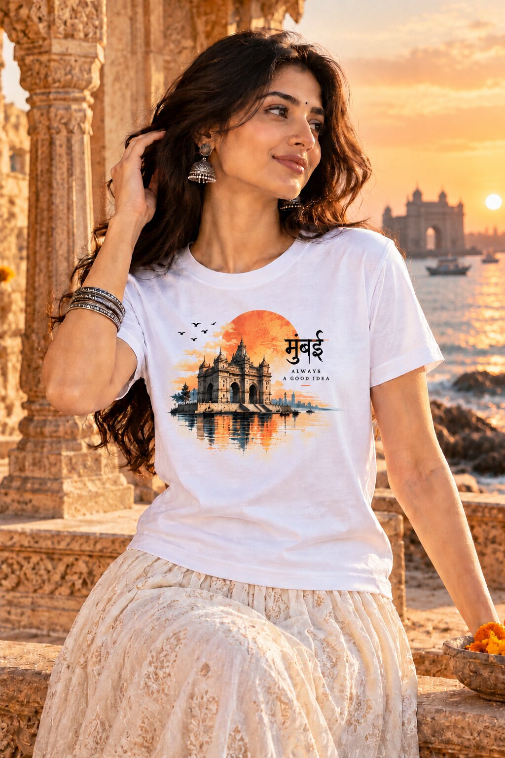 Mumbai Gateway T-Shirt worn by a female model – AkhandNation Nirmal Net tee