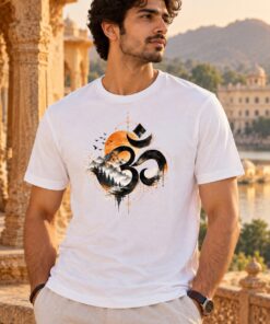 Om Himalaya T-Shirt worn by a male model – AkhandNation Nirmal Net tee