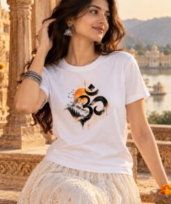 Om Himalaya T-Shirt worn by a female model – AkhandNation Nirmal Net tee