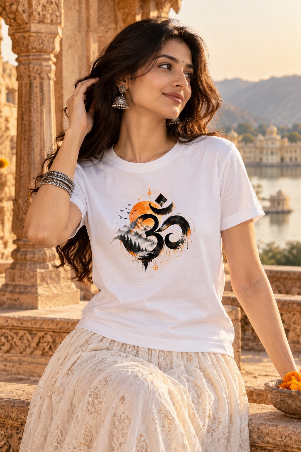 Om Himalaya T-Shirt worn by a female model – AkhandNation Nirmal Net tee