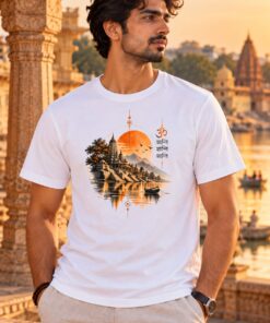 Om Shanti Ghat T-Shirt worn by a male model – AkhandNation Nirmal Net tee