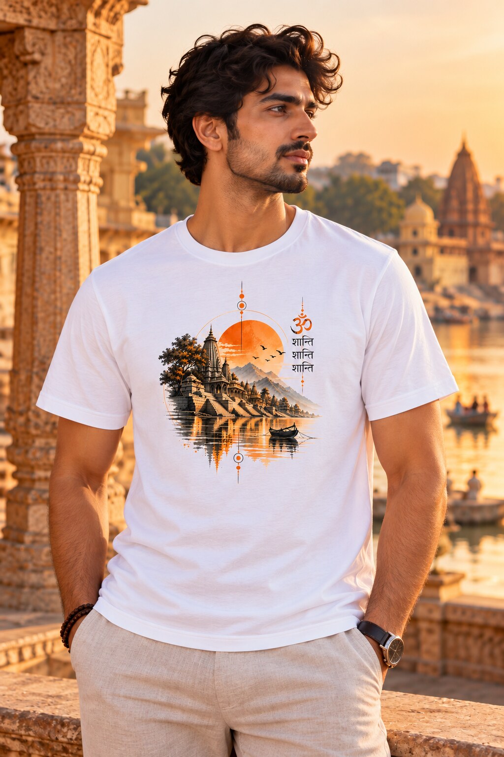 Om Shanti Ghat T-Shirt worn by a male model – AkhandNation Nirmal Net tee