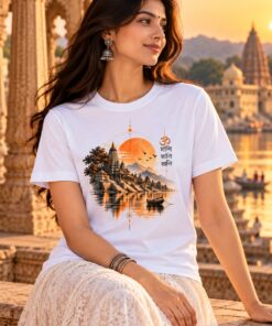 Om Shanti Ghat T-Shirt worn by a female model – AkhandNation Nirmal Net tee