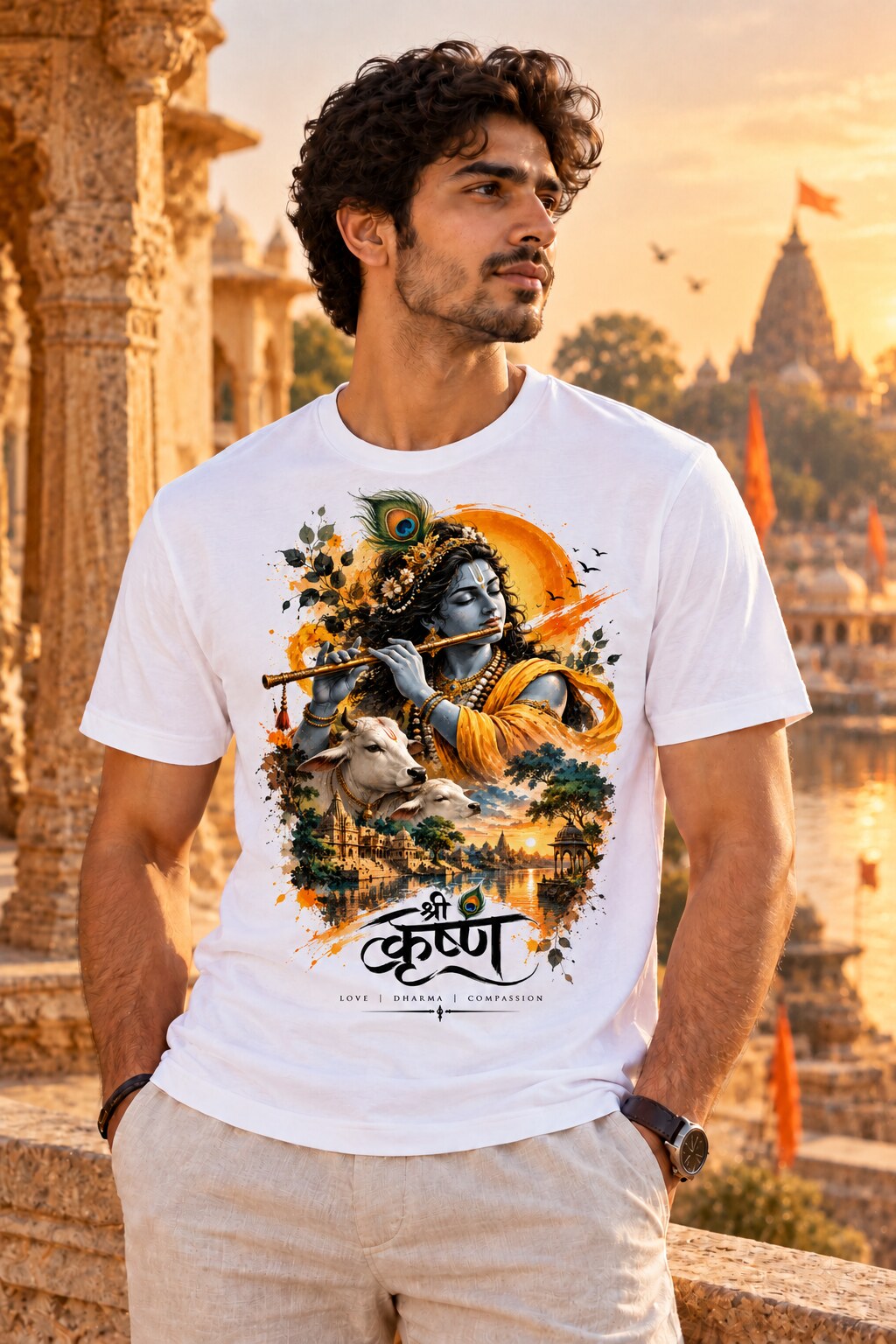 Shri Krishna T-Shirt worn by a male model – AkhandNation Nirmal Net tee
