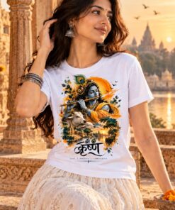 Shri Krishna T-Shirt worn by a female model – AkhandNation Nirmal Net tee