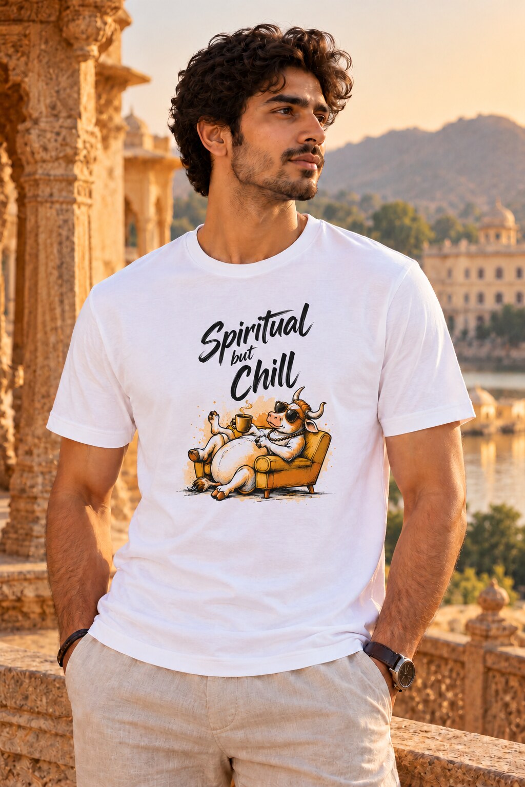 Spiritual But Chill T-Shirt worn by a male model – AkhandNation Nirmal Net tee